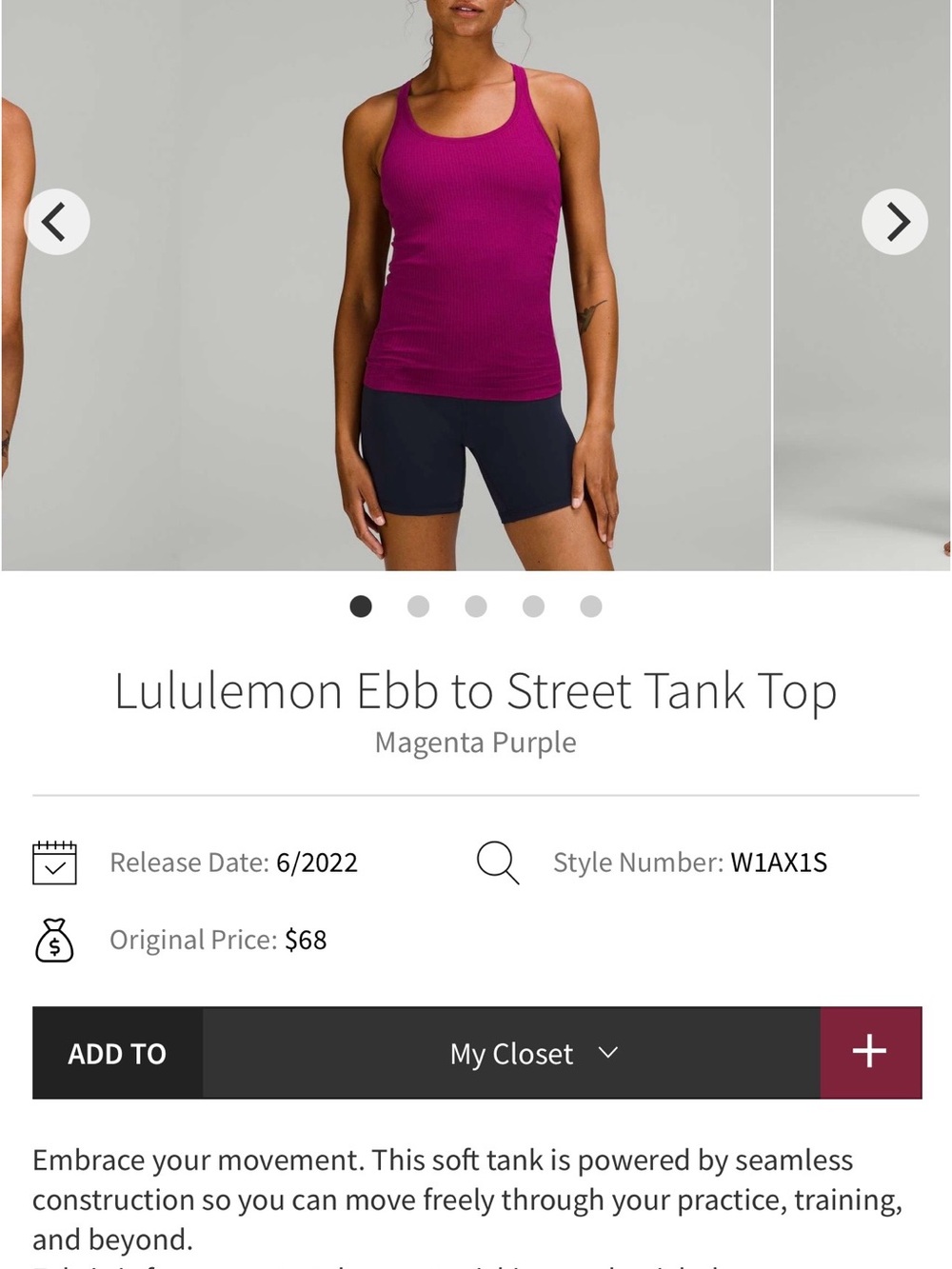 Lululemon Ebb to Street Tank Top - Magenta Purple Pink Size 12
